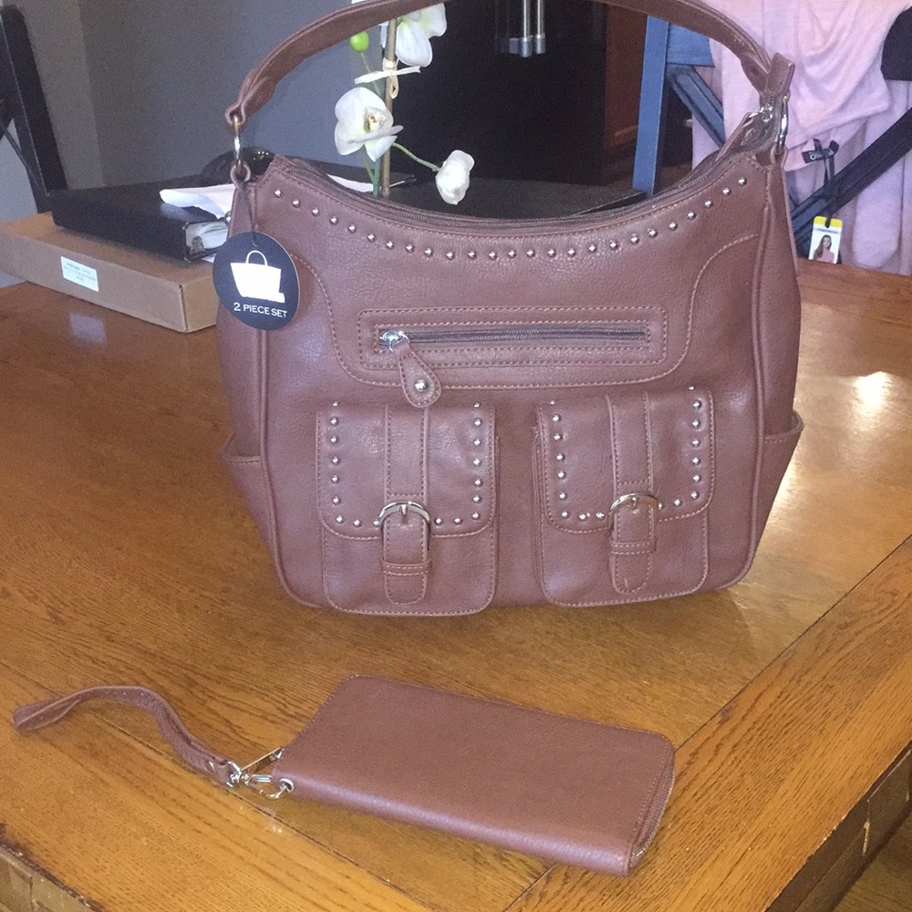 Faux leather studded purse with matching wallet